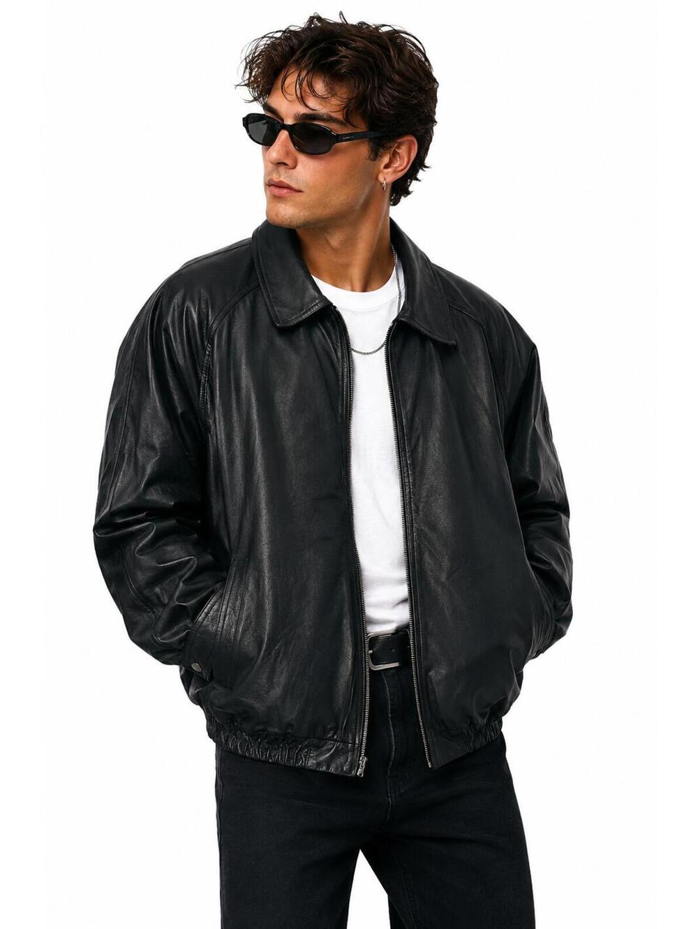 Vintage Croft & Barrow Black Genuine Leather Bomber Jacket XL Oversized Y2K 90s